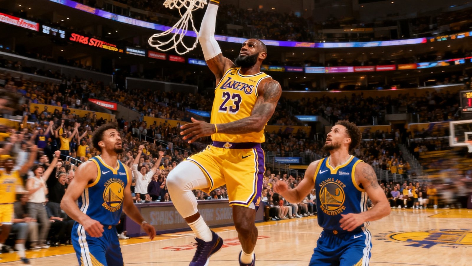NBA常规赛湖人主场对阵勇士，勒布朗·詹姆斯在第四节突破后面对两人防守完成一记势大力沉的单手劈扣