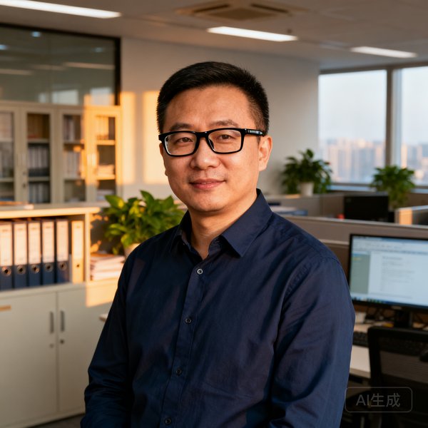 悟空体育创始人兼CEO张磊，40岁，前华为数据架构师，戴黑框眼镜，身穿深蓝色衬衫，背景为公司办公室